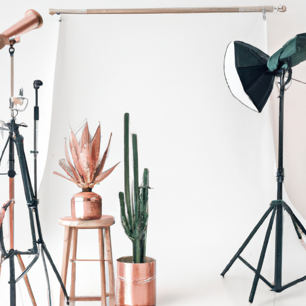 Interior de estudio con sesión en progreso, luz suave y props minimalistas