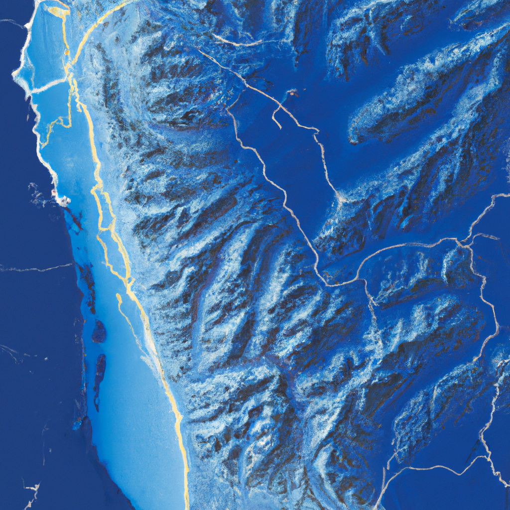 Mapa topográfico estilizado de Chile en tonos azules con ciudades marcadas